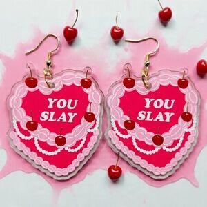 Pink Vintage Heart Cake Earrings with 'You Slay'